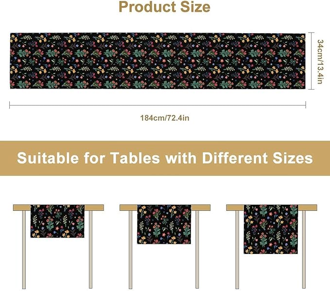 Retro Floral Table Runner, Colorful Bohemian Wildflower Flowers Blooms Vintage Table Runner for Kitchen Dining Party Home Decor, 13x90 Inch