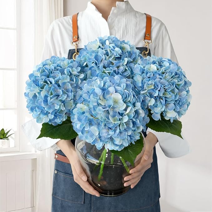Blue Flowers Hydrangea Artificial Flowers, 4Pcs 22" Large Lifelike Silk Artificial Hydrangeas, Full Fake Flowers for Bouquet Table Centerpieces Outdoor Wedding Indoor Home
