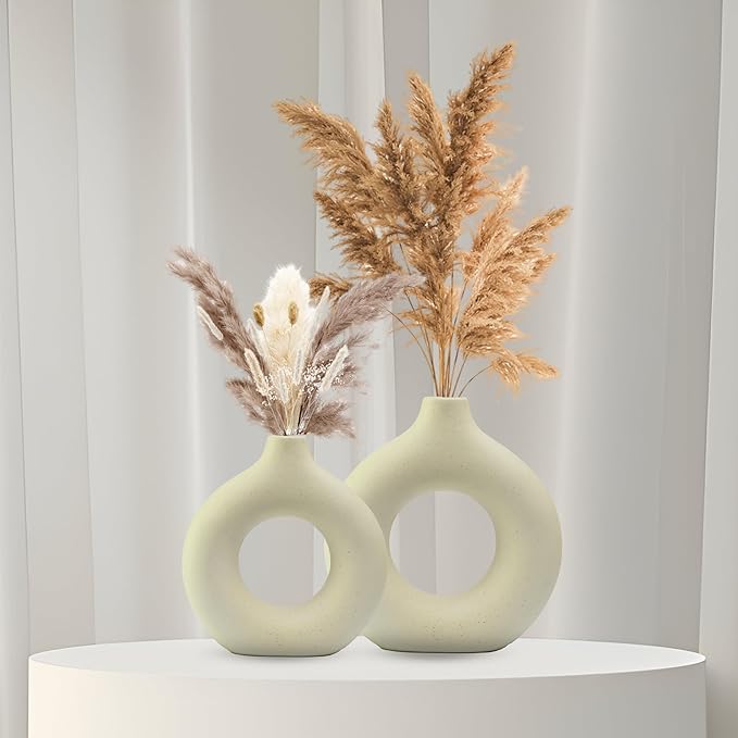Cream Ceramic Vase Set of 2, Super Large and Large Modern Vase for Pampas Grass, Minimalist Style Decor for Bedroom, Wedding, Living Room, Party, fireplace mantel decor, Office, and Spring Gift