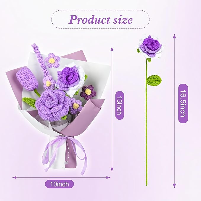 Crochet Flower Bouquet, Crochet Flowers Purple Tulip Rose Handmade Knitted Bouquet for Birthday Graduation Wedding Gift for Women Girlfriend Lover Wife Decor (Purple)