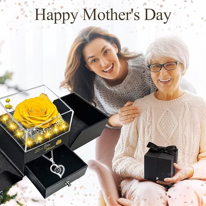Preserved Real Rose-Eternal Flowers Rose Mothers Day for Mom Women Her Wife Girlfriend on Birthday Valentines with I Love You Necklace 100 Languages Romantic Gift (Yellow)
