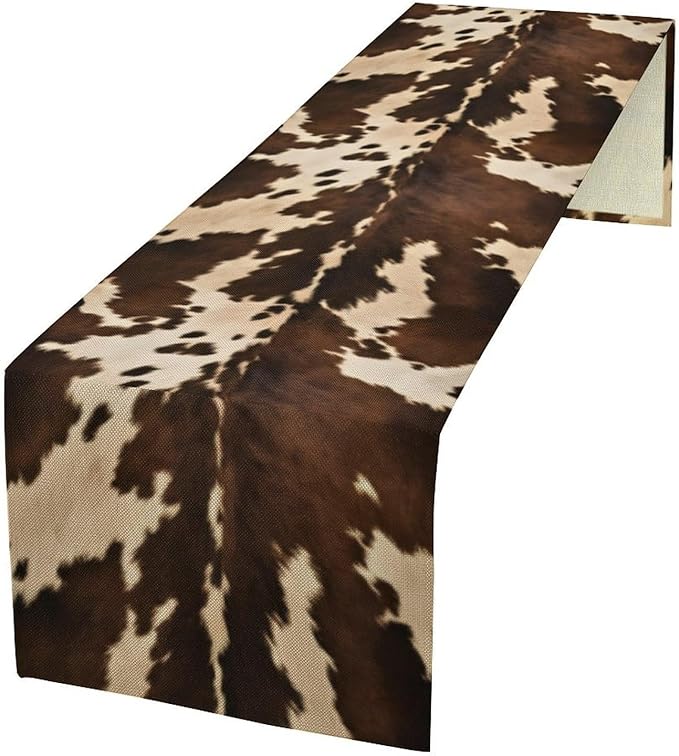 Cow Print Table Runner, Brown Cowhide Western Style Runner Country Farmhouse Cottage Patten Decoration for Home Kitchen Dining,13x70 Inch