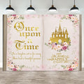 10x8ft Once Upon a Time Backdrop Pink Flower Gold Castle Photography Background Fairy Tale Books Floral Princess Girls Birthday Banner Decorations Fairytale Wedding Portrait Photo Booth Prop