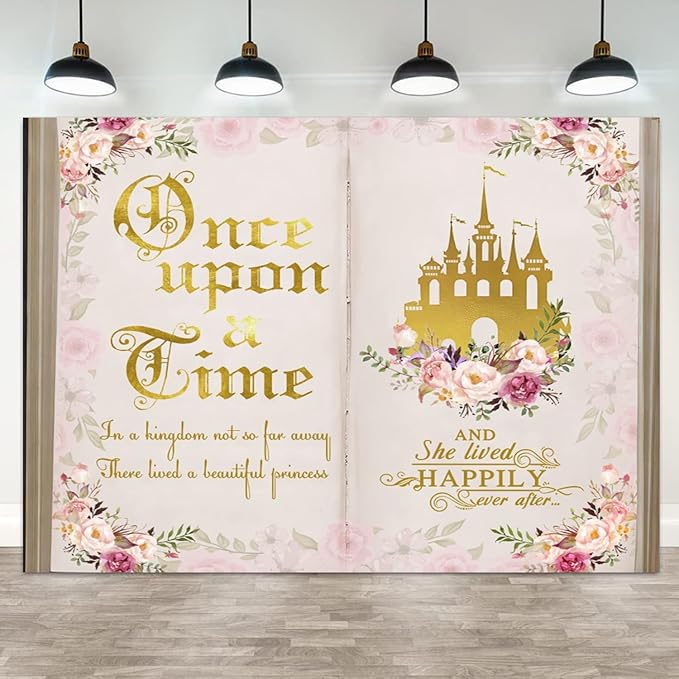 7x5ft Once Upon a Time Backdrop Pink Flower Gold Castle Photography Background Fairy Tale Books Floral Princess Girls Birthday Banner Decorations Fairytale Wedding Portrait Photo Booth Prop