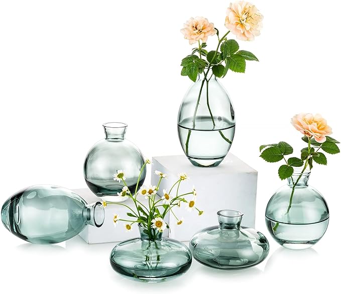 Small Glass Bud Vase for Centerpieces, 6Pcs/2Sets Green Modern Small Mini Flowers Vases Short Minimalist Aesthetic Vintage Cute Handmade Tiny Wedding Table Centerpiece for Single Flower Rose