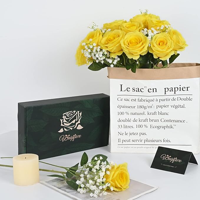 Waipfaru 20 Pcs Fake Yellow Roses Babys Breath Artificial Flowers Bulk, Silk Yellow Rose Faux Babys Breath with Long Stems for Wedding Bouquet Vase Flower Arrangement