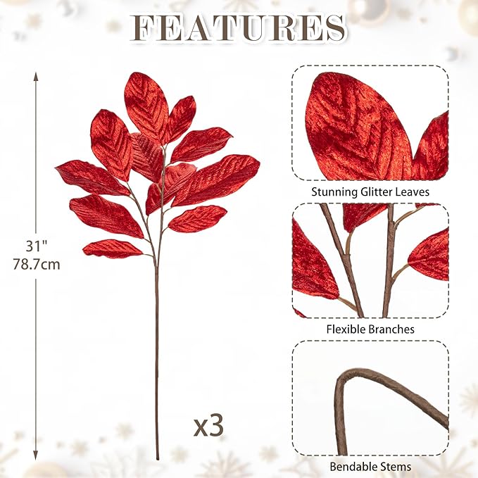 3pcs 31 inch Red Glitter Magnolia Leaf Sprays Artificial Christmas Tree Picks Sprays, Glittery Stem Ornaments for Christmas Tree Winter Wreath Swag Wedding Bouquet Centerpiece