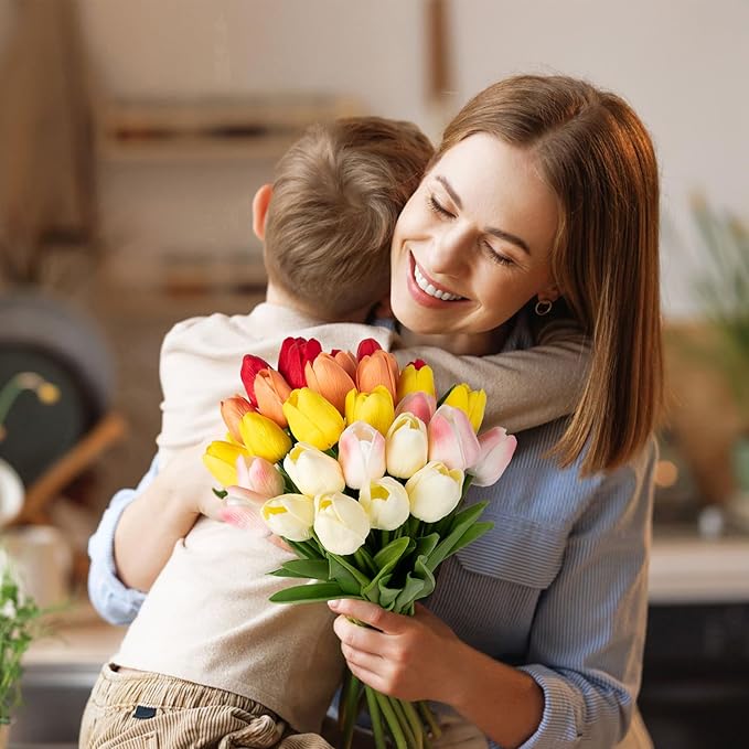 MACTING 30PCS Artificial Tulip Flowers 13.7" Real Touch Fake PU Tulips Bouquet Faux Flowers for Floral Arrangements Table Centerpiece Kitchen Indoor Outdoor Summer Decor (Multi Colors-1)