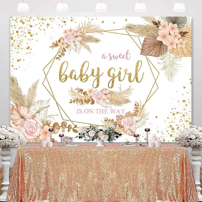 Sensfun Boho Sweet Girl Baby Shower Backdrop It's A Girl Baby Shower Photography Background Blush Pink Floral Pampas Grass Party Decorations Banner Newborn Photo Shoot Props 7x5ft