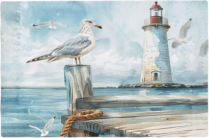 Lighthouse Seagull Placemats Set of 4 Washable Table Mats Ocean Nautical Coastal Heat-Resistant Cotton Linen Place Mats for Dining Table Kitchen Indoor Outdoor Party Holiday Decor