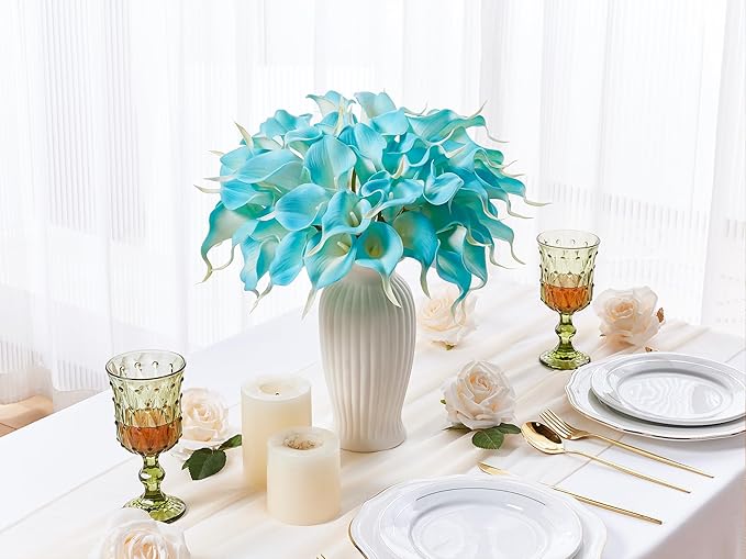 24 Pcs Artificial Calla Lily Flowers Fake Silk Flowers Real Touch for Wedding Bouquet Office Home Kitchen Decor (Peacock Blue)