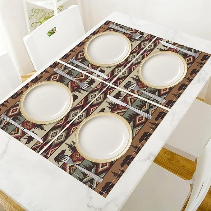 Rustic Lodge Bear Placemats Set of 4, Vintage Cabin Pine Cone Plaid Place Mats, Heat Resistant Non Slip Cotton Linen Dining Table Mats for Home Kitchen Party 18x12 Inch