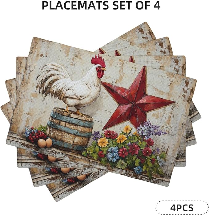 Farmhouse Chicken Placemats Set of 4 Washable Table Retro Rooster Heat-Resistant Cotton Linen Place Mats for Dining Table Kitchen Indoor Outdoor Party Holiday Decor