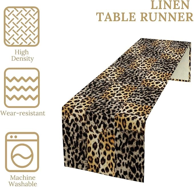 Animal Skin Print Table Runner, Vintage Leopard Farmhouse Cottage Country Western Wildlife Safari Dinner Runner for Home Kitchen Dining Table Party Holiday 13x60in
