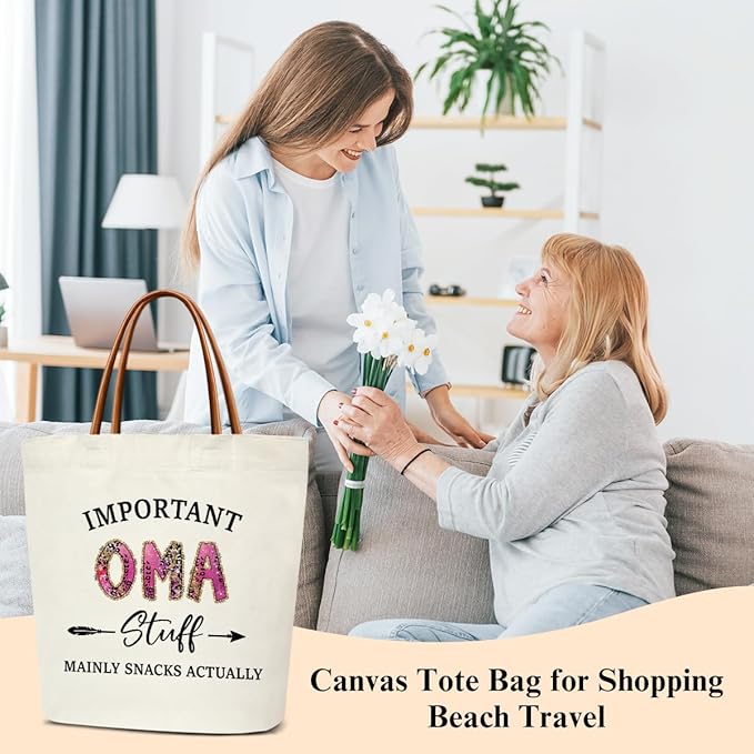 Canvas Tote Bag for Women, Important Stuff Bag with Leather Handle, Reusable Grocery Bags for Shopping Beach Travel