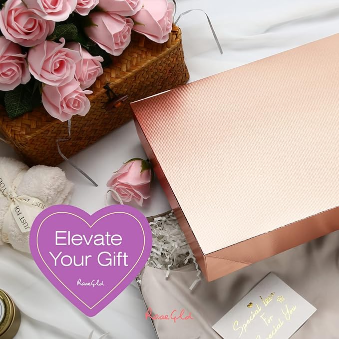 ROSEGLD 12 Large Gift Boxes with Lids 14.5x9.5x2 Inches, Rose Gold Gift Wrap Boxes (Glossy Rose Gold with Grain Texture) for Clothes, Apparel