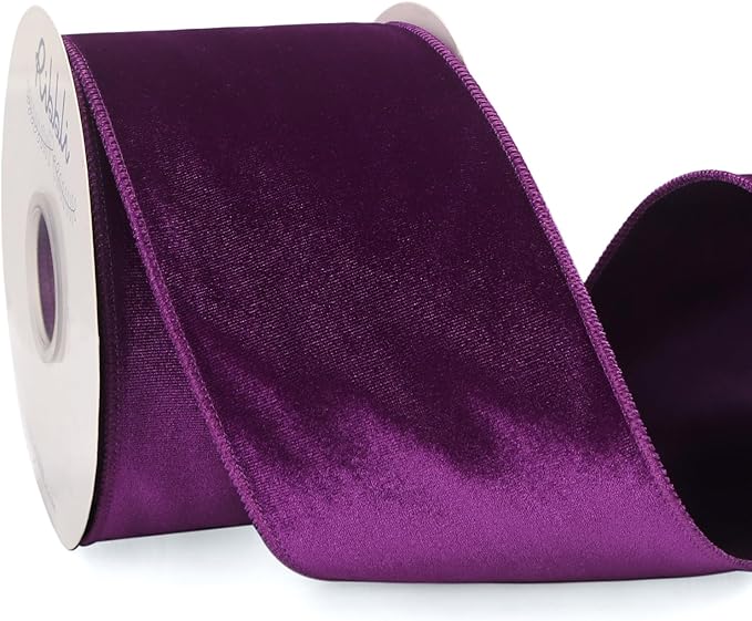 Ribbli Purple Velvet Wired Ribbon 4 Inch Velvet with Satin Christmas Ribbon for Gift Wrapping Christmas Tree Decoration Crafts Wreaths Supplies-Continuous 10 Yards