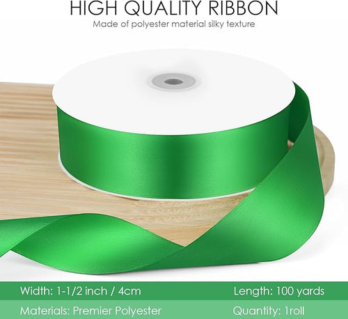 100 Yards 1-1/2 inch Satin Ribbon, Fabric Ribbon Solid Color Perfect for Gift Wrapping, Wedding, Handmade Bows, Floral Bouquets and Party Decoration(Green)