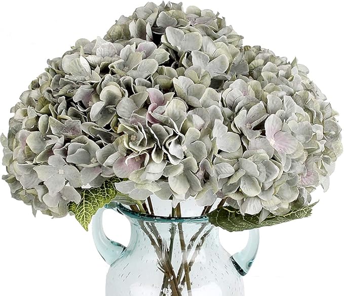 2Bouquets Artificial Fake Flowers Plants Silk Hydrangea Arrangements Wedding Bouquets Decorations Plastic Floral Home Kitchen Garden Party Festival Bar DIY (Gray Green,5 Flower Heads)