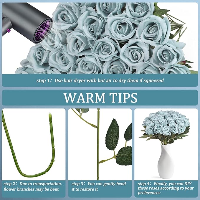 30pcs Fake Roses Artificial Silk Flowers Long Stems Bouquet for Wedding Bridal Shower Party Home Decoration (Dusty Blue)