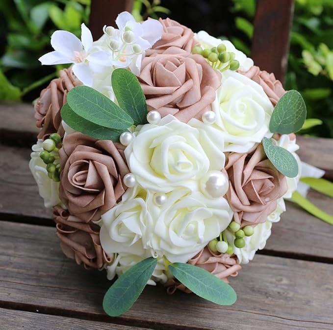 Lightweight Bridal Wedding Bouquet Round Holding Bouquet Throw Toss Artificial Rose Flower Bunch for Bride Bridesmaid Wedding Quinceanera (Cream & Rosy Brown, 9.1")