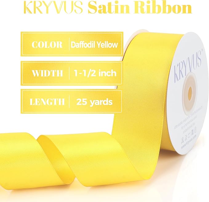 Daffodil Yellow Satin Ribbon, Double Faced 1-1/2 Inch X 25 Yards Daffodil Ribbon, Premium Satin Ribbon for Gift Wrapping, Crafts, Hair Bow Making, Sewing, Flower Bouquet, Wedding Party Decor