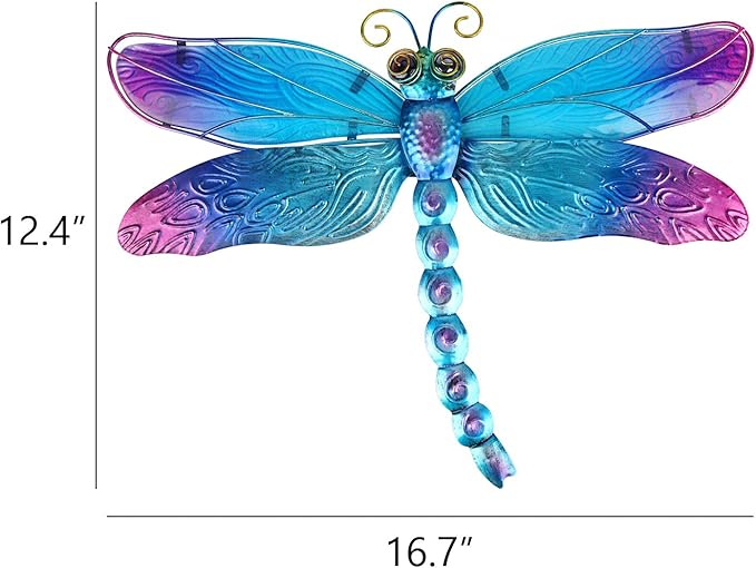 John's Studio Metal Dragonfly Wall Decor Bathroom Glass Art Iron Sculpture Outdoor Orange Hanging Decoration for Home Bedroom Garden Patio Porch or Fence - Blue
