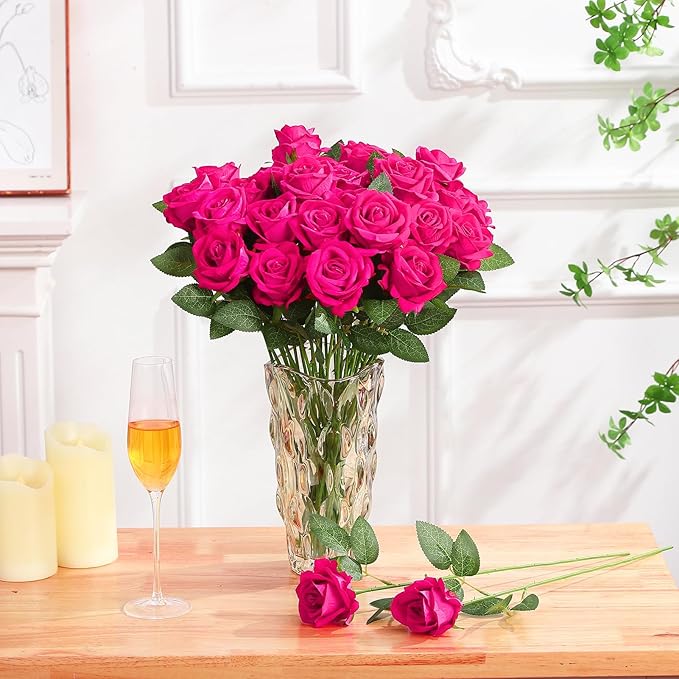 150 Pcs Roses Artificial Flowers, Silk Hot Pink Artificial Flowers Petals Long Stem Roses for Wedding Bouquet Home Party Decor
