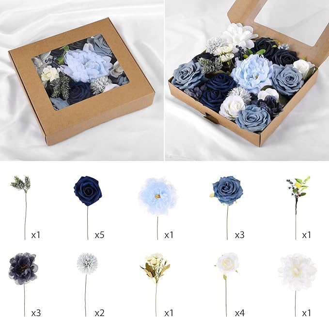 Jspupifip Dusty Blue Artificial Flowers Combo Box Set,Fake Silk Flowers Arrangement Bouquets with Stem Leaf for DIY Wedding Flower Centerpiece Wedding Centerpieces, Blue and White