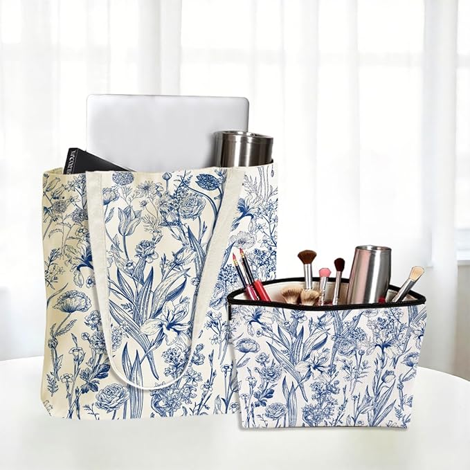 Flower Plant Lover Gifts for Women Canvas Tote Bag with Makeup Bag Cosmetic Bags Grocery Bags for Shopping Christmas