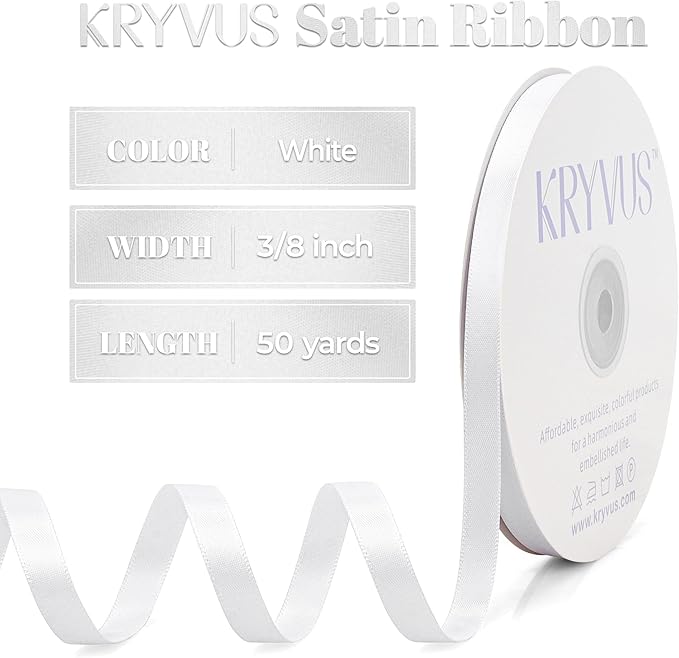 White Satin Ribbon, Double Faced 3/8 Inch X 50 Yards White Ribbon, Premium Satin Ribbon for Gift Wrapping, Crafts, Hair Bow Making, Sewing, Flower Bouquet, Wedding Party Decor