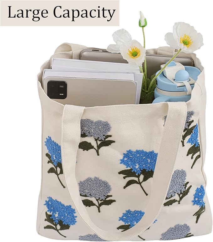 Aesthetic Embroidery Tote Bag for Lady Cute Reusable Canvas Shoulder Bag for Girls Women Shopping Grocery