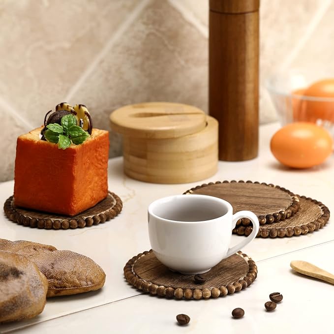 Honeydak 4 Pieces Wood Beaded Coasters 3.9 Inch Round Rustic Farmhouse Wooden Coasters for Drinks Decorative Table Top Wood Bar for Housewarming Home Kitchen(Dark Brown)