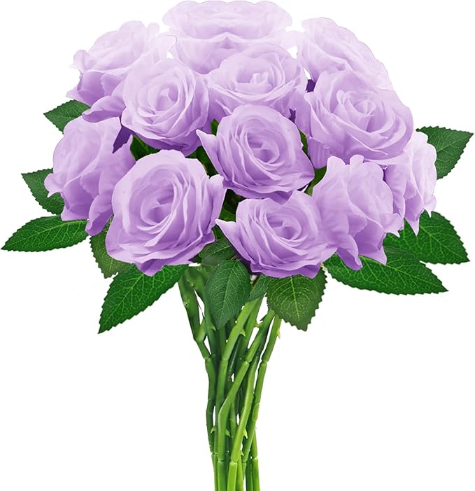 Purple Artificial Roses with Long Stems, 12Pcs Realistic Roses Artificial Flowers, Faux Roses | Bulk Fake Flowers for Home Decor, Wedding Party Table Centerpieces, DIY Bouquet
