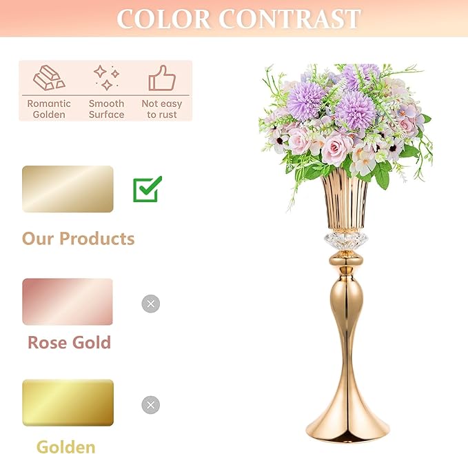22in Gold Vases for Centerpieces, 2Pcs Metal Tall Trumpet Vases Wedding Reception Centerpieces, Crystal Flower Vase for Table Wedding Party Event Home Decor