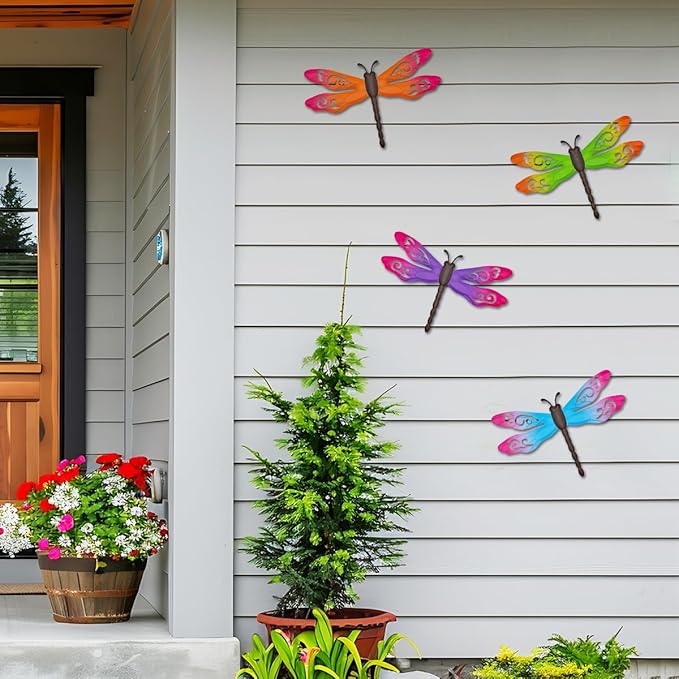 Metal Dragonfly Wall Decor, 4 Pack 14inch Metal Dragonfly Wall Hanging Sculpture Decor for Outdoor, Yard Patio Fence Garden Outside Decorations