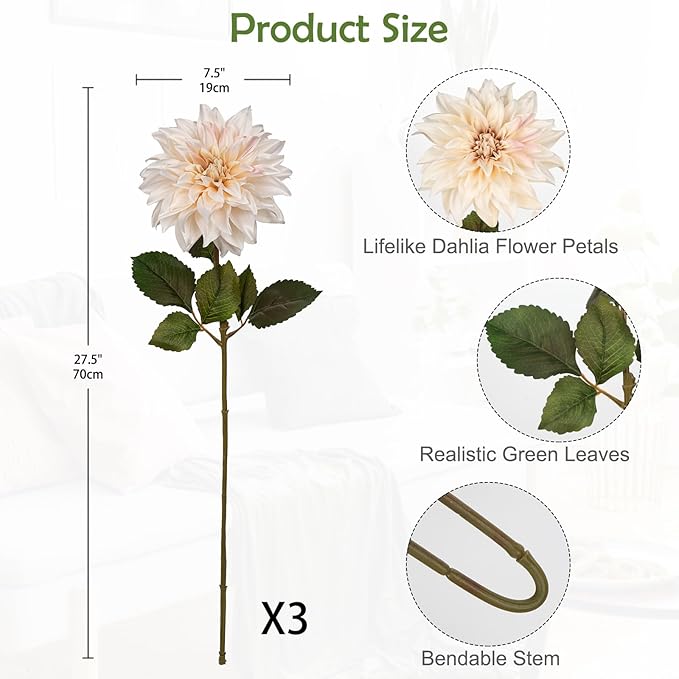 Hollyone 3Pcs White Artificial Dahlia Flowers Fall Fake Flower Silk Flowers with Long Stem 28" Floral Arrangements Bouquets Autumn Faux Dahlias Flowers for DIY Wedding Party Centerpieces Home Decor