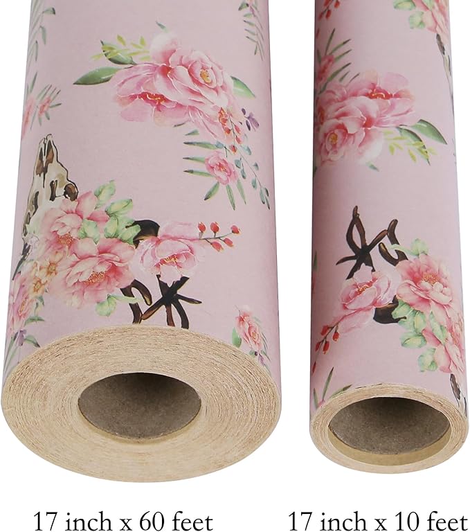Aimyoo Pink Skull Floral Kraft Wrapping Paper Roll, All Occasion Flower Gift Wrap Paper for Birthday Wedding Bridal Shower 17 in x 10 ft