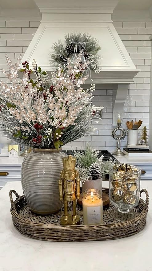 Hollyone 26.3” Christmas Tree Picks and Sprays 3Pcs Champagne Artificial Eucalyptus Stems Eucalyptus Leaves Branches Fake Leaf Floral for Vase DIY Xmas Tree Garland Wreath Centerpieces Wedding Decor