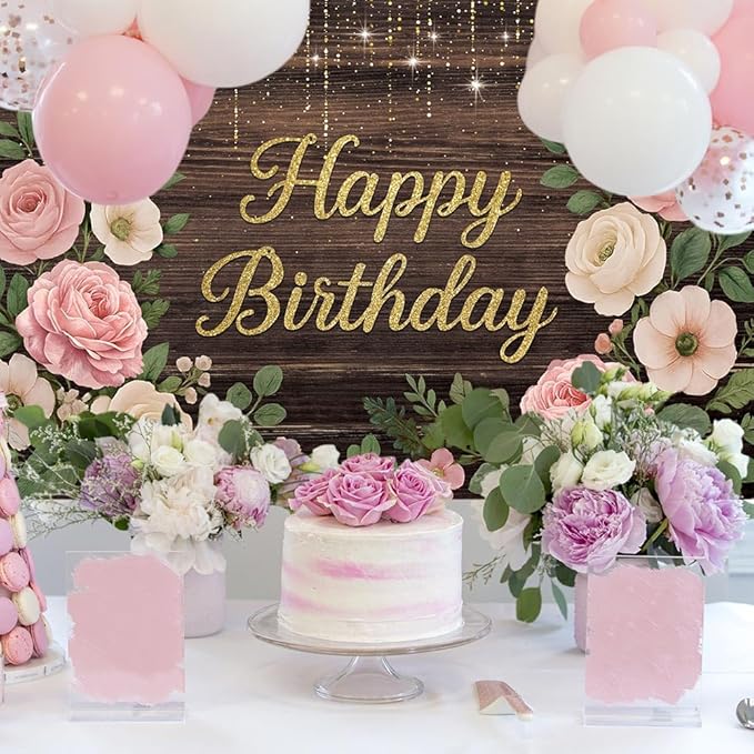 Wooden Floral Birthday Backdrop Pink and Gold Rustic Wood Birthday Party Background Girls Women Cake Table Favors Flowers Bday Cake Smash Photo Booth Banner with Copper Grommet