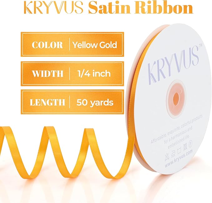 Yellow Gold Satin Ribbon, Double Faced 1/4 Inch X 50 Yards Yellow Gold Ribbon, Premium Satin Ribbon for Gift Wrapping, Crafts, Hair Bow Making, Sewing, Flower Bouquet, Wedding Party Decor