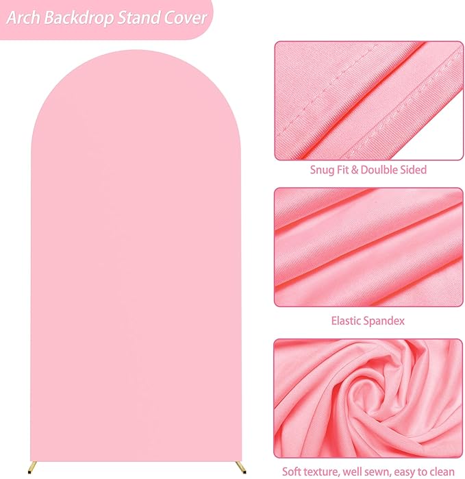 Putros 6.6ft Metal Arch Stand with Cover Pink Spandex Fitted Wedding Arch Cover and Round Top Chiara Backdrop Stand Set for Birthday Party Baby Shower Decoration