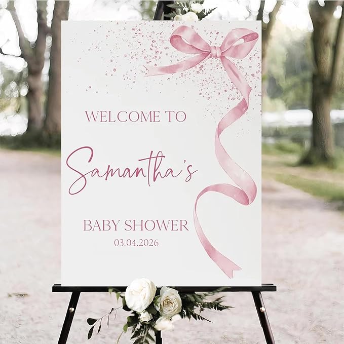 Personalized Pink Bow Baby Shower Welcome Sign, Custom Minimalist Bow Baby Girl Party Sign, Baby's Shower Gifts, Birthday Gifts, Gender Reveal Decorations, Newborn Announcement Party Supplies - 17