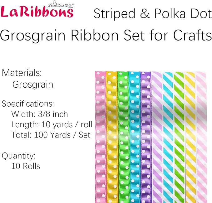 LaRibbons 3/8 Inch 100 Yards Grosgrain Ribbon Set 10 Yd/Roll 10 Rolls Striped and Polka Dot Spring Easter Craft Ribbon for Gift Wrapping Floral Bouquets Wedding Party Decoration