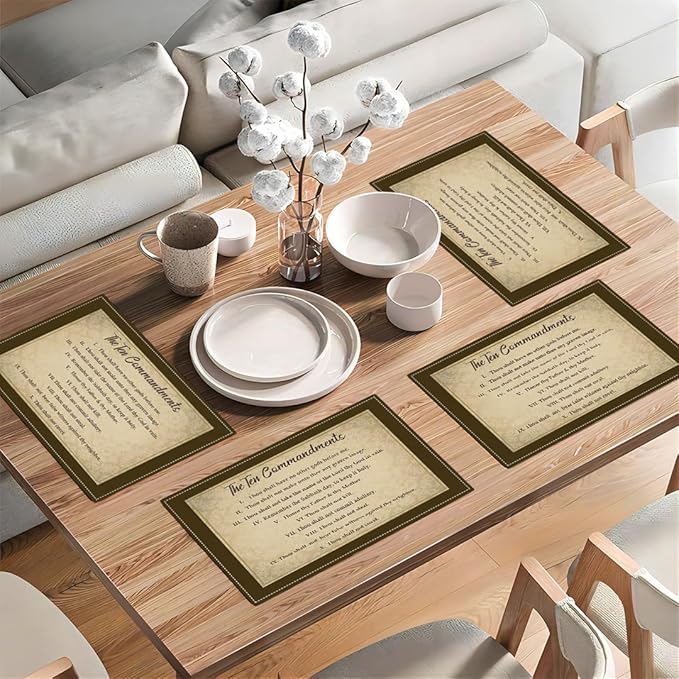 10 Commandments Placemats Set of 4, Ten Commandments Christian Religious Bible Verse Place Mats Washable Double-Sided Table Mats for Kitchen Dining Room Home Party Indoor Decor 4 PCS 12x18 Inch
