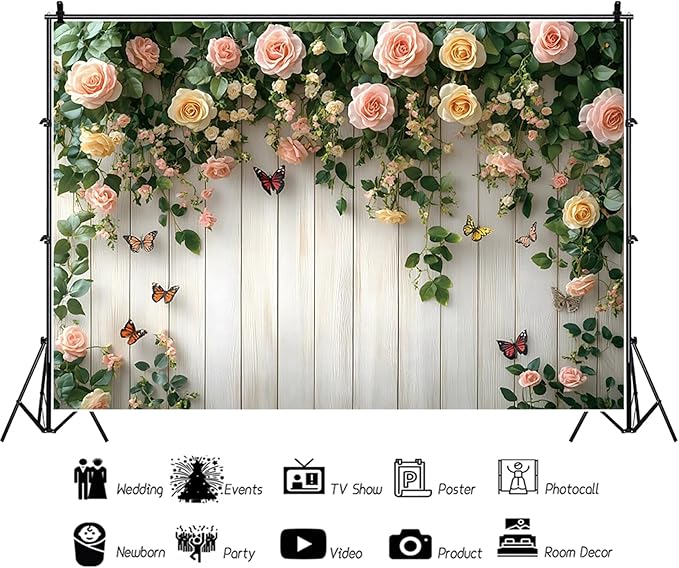 Baocicco 12x10ft Wooden Flower Backdrops for Photography Spring Botanical Green Leaf Butterfly Farmhouse Background for Engagement Bridal Shower Baby Shower Birthday Wedding Party Decoration Supplies