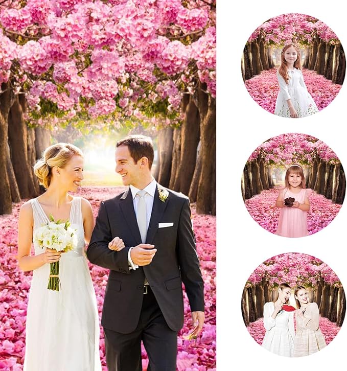 10x8ft Spring Pink Flower Trees Cherry Blossom Floral Petal Romantic Mother's Day Photography Background for Wedding Women's Day Baby Shower Spring Tea Party Decor