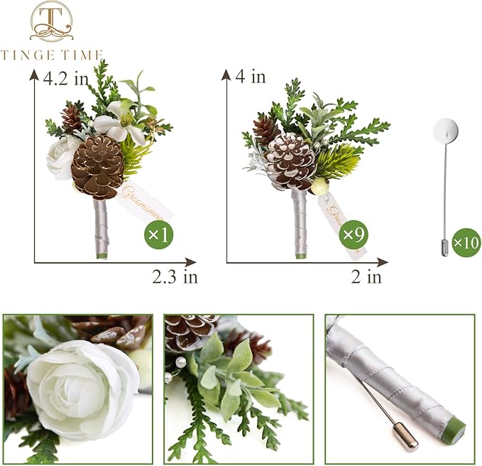 TINGE TIME Boutonniere for Men, Groom and Best Man Boutonniere for Wedding Ceremony Anniversary, Formal Dinner Party and Rustic Xmas Wedding Marriage (Christmas White)