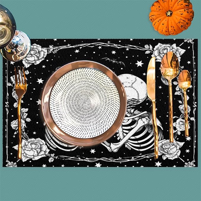 Halloween Skull Goth Flower Placemats Set of 4 PVC Vinyl Non Slip Table Mats Heat Resistant Place Mats Washable Wipeable Dining Table Mat for Kitchen Decor Party Indoor Outdoor Decorative Gift