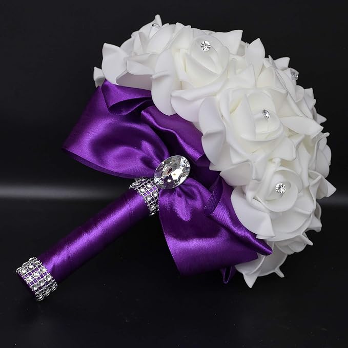 Wedding Bouquet, Purple Bouquet for Bride Bridesmaid with Diamond Soft Ribbons, Artificial Rose Bridal Holding Flowers for Party Church